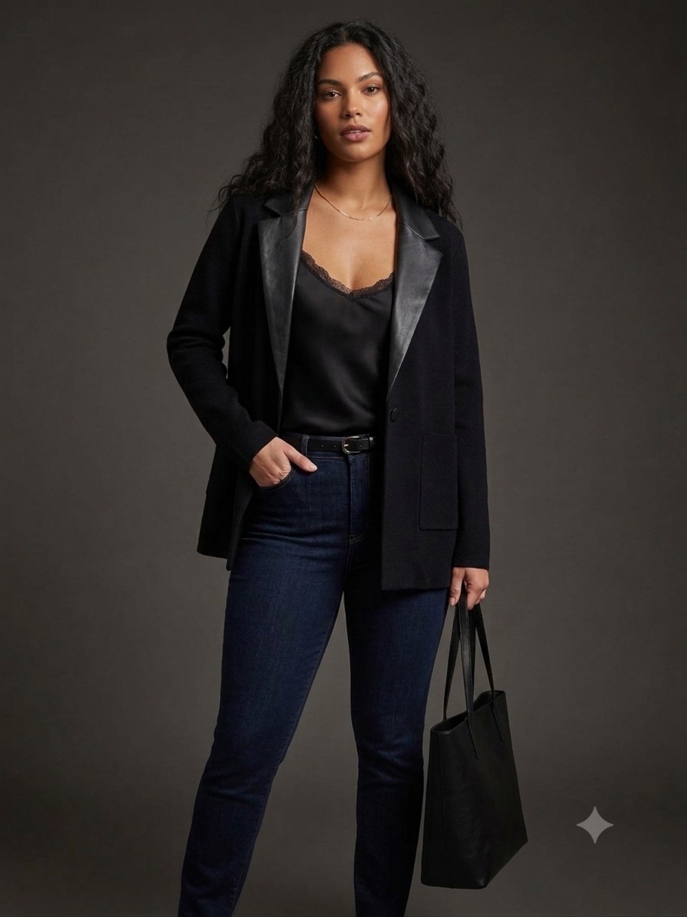 Sioni Black Knit Cardigan Blazer with Faux Leather Lapel (Size XL)